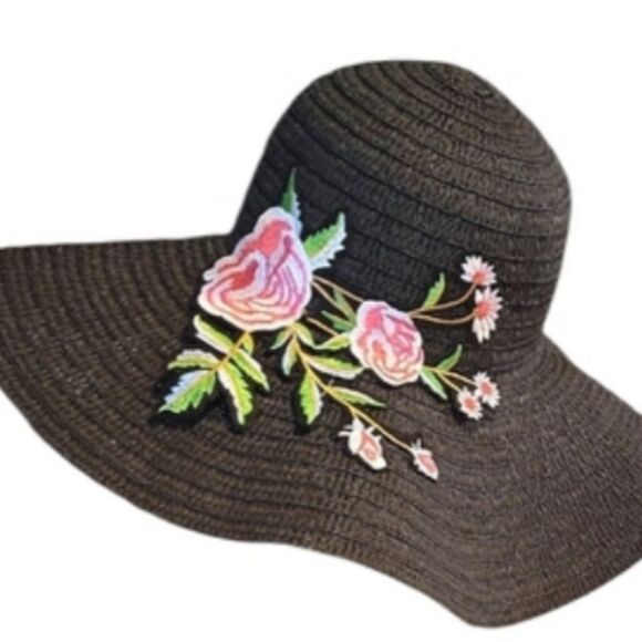 Y2K Black with Pink Floral Embroidered Applique Oversized Straw Floppy Hat - Picture 7 of 11